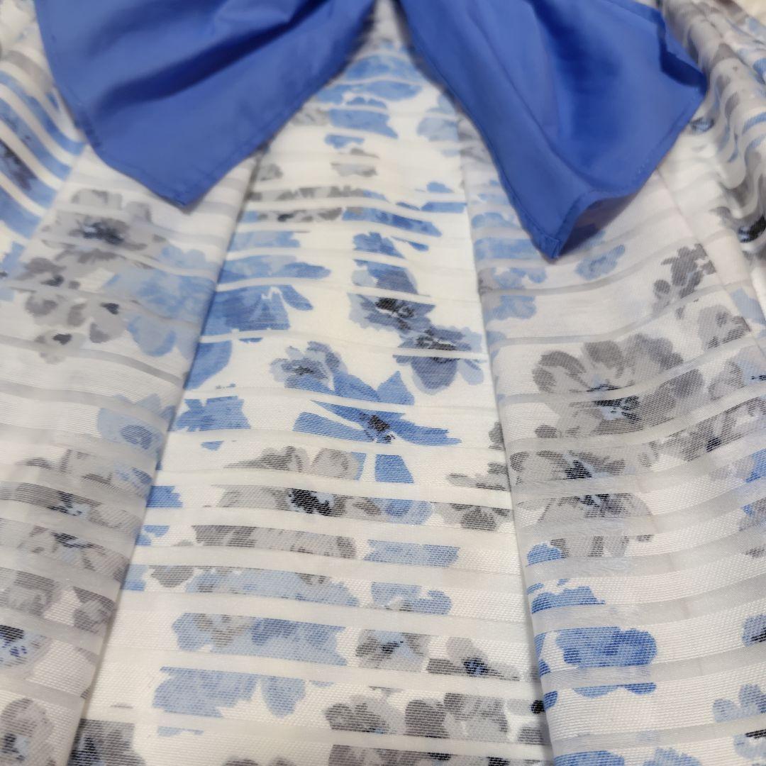 【美品♡人気デザイン】エムズグレイシー　シアーフラワーリボンフレアワンピース　青