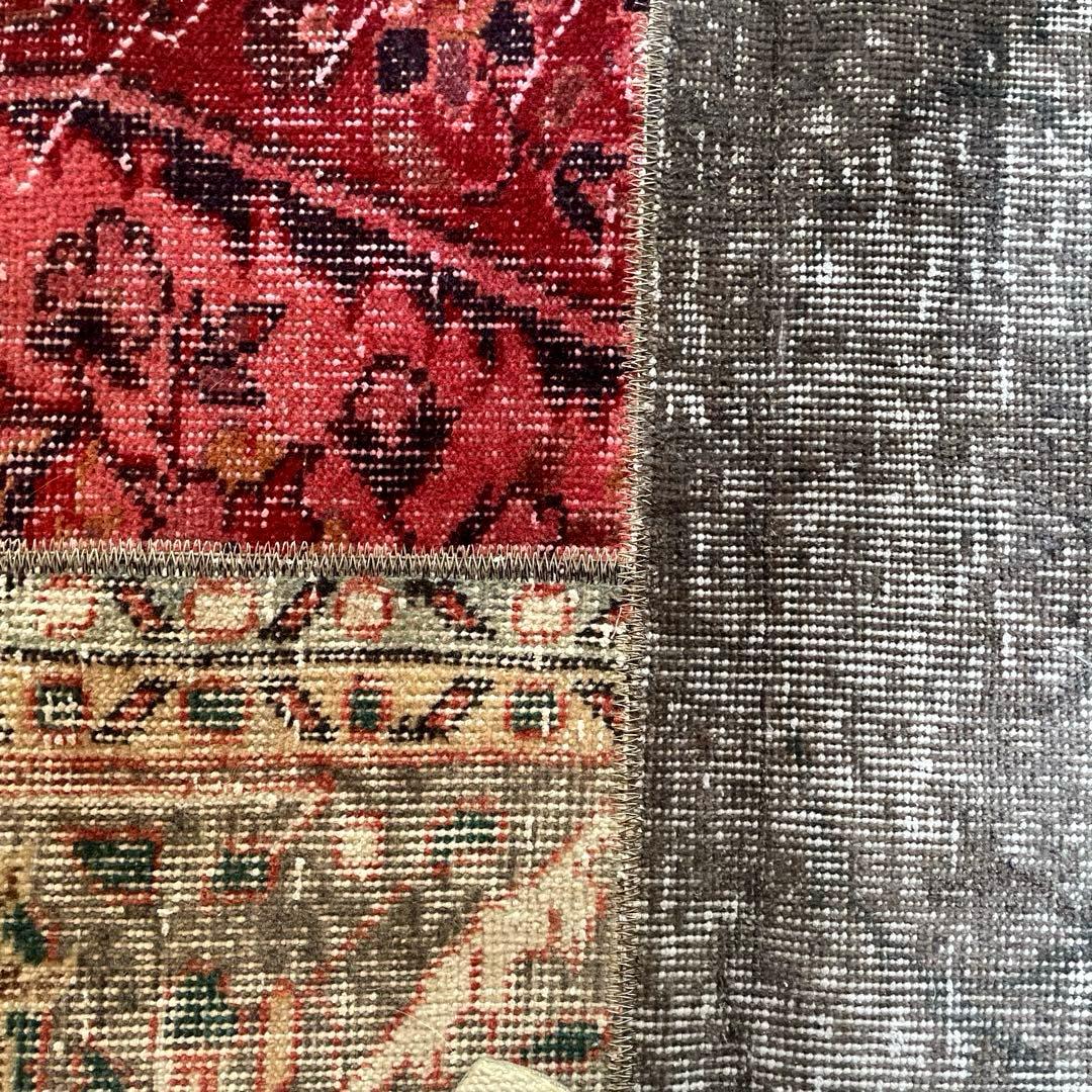 55×86 パッチワーク　グレイボタニカル　深み赤　トルコヴィンテージラグ