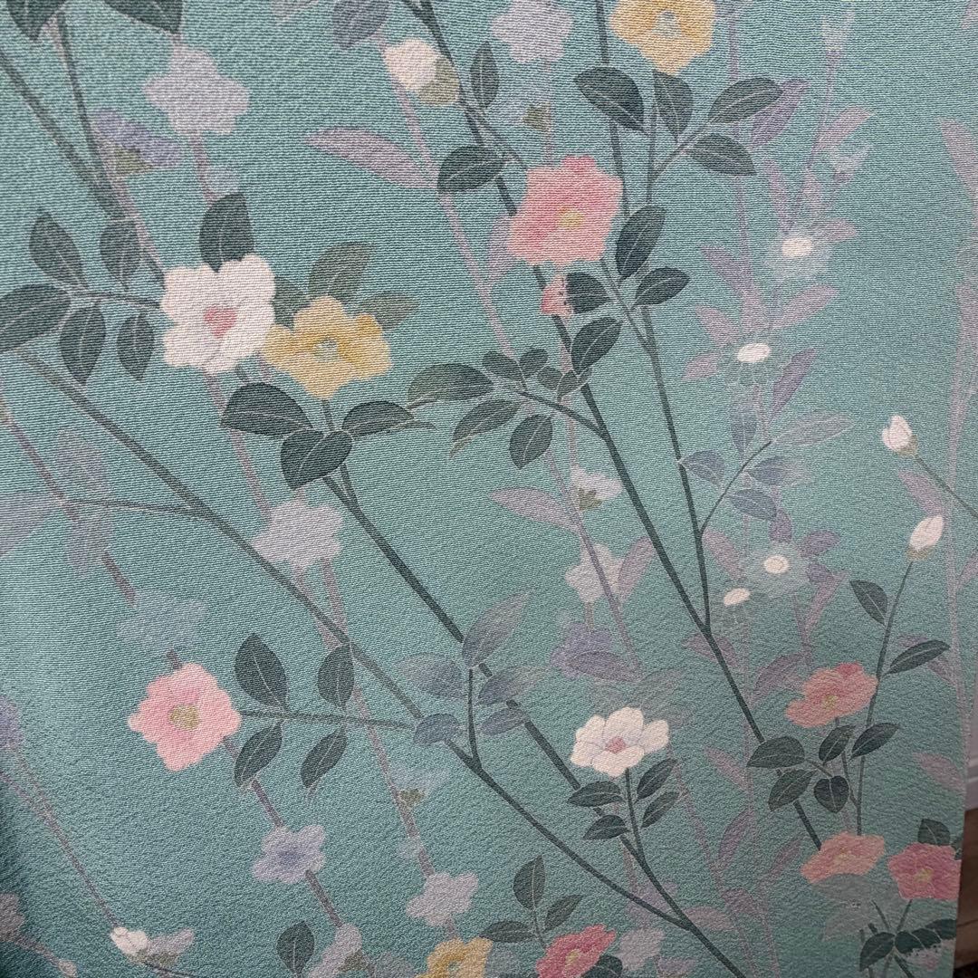 超美品　正絹　訪問着　着物　160　水色　作家物　峰山和生　手書き友禅　紋無し