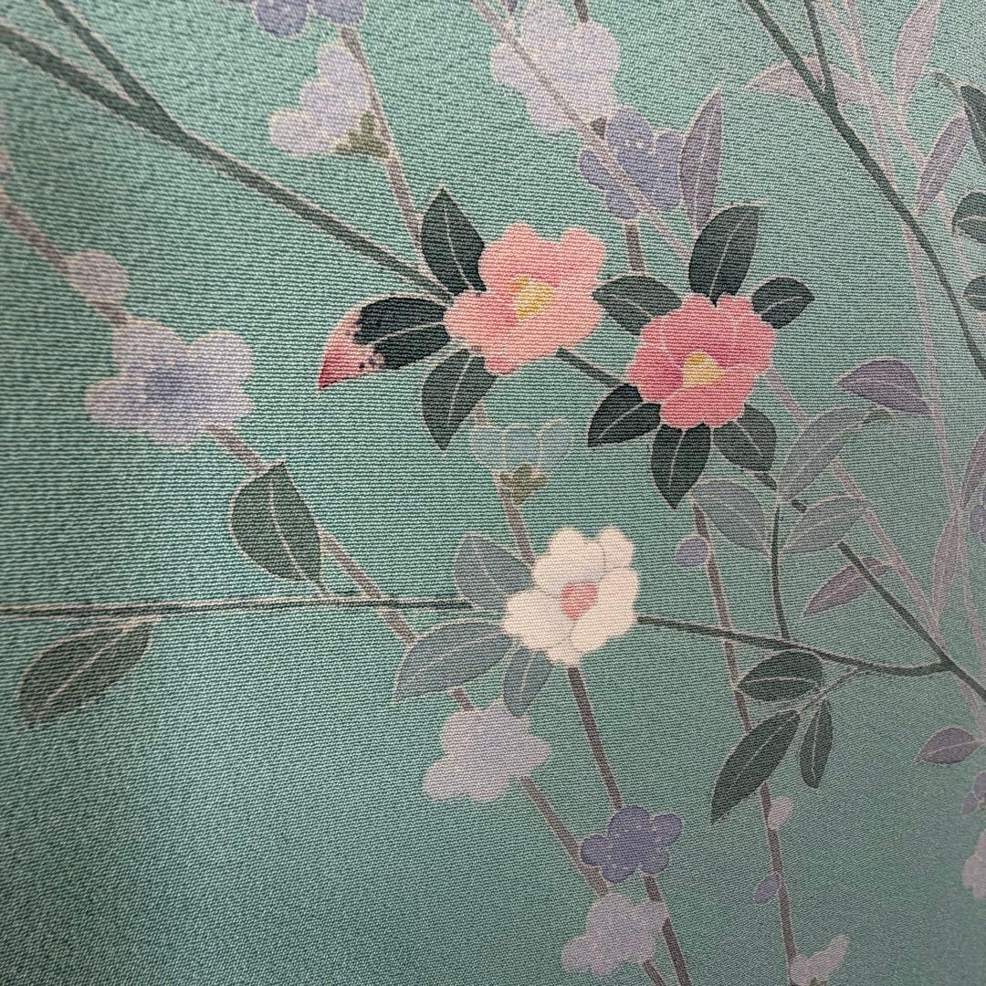 超美品　正絹　訪問着　着物　160　水色　作家物　峰山和生　手書き友禅　紋無し