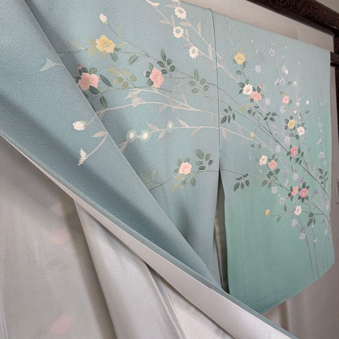 超美品　正絹　訪問着　着物　160　水色　作家物　峰山和生　手書き友禅　紋無し