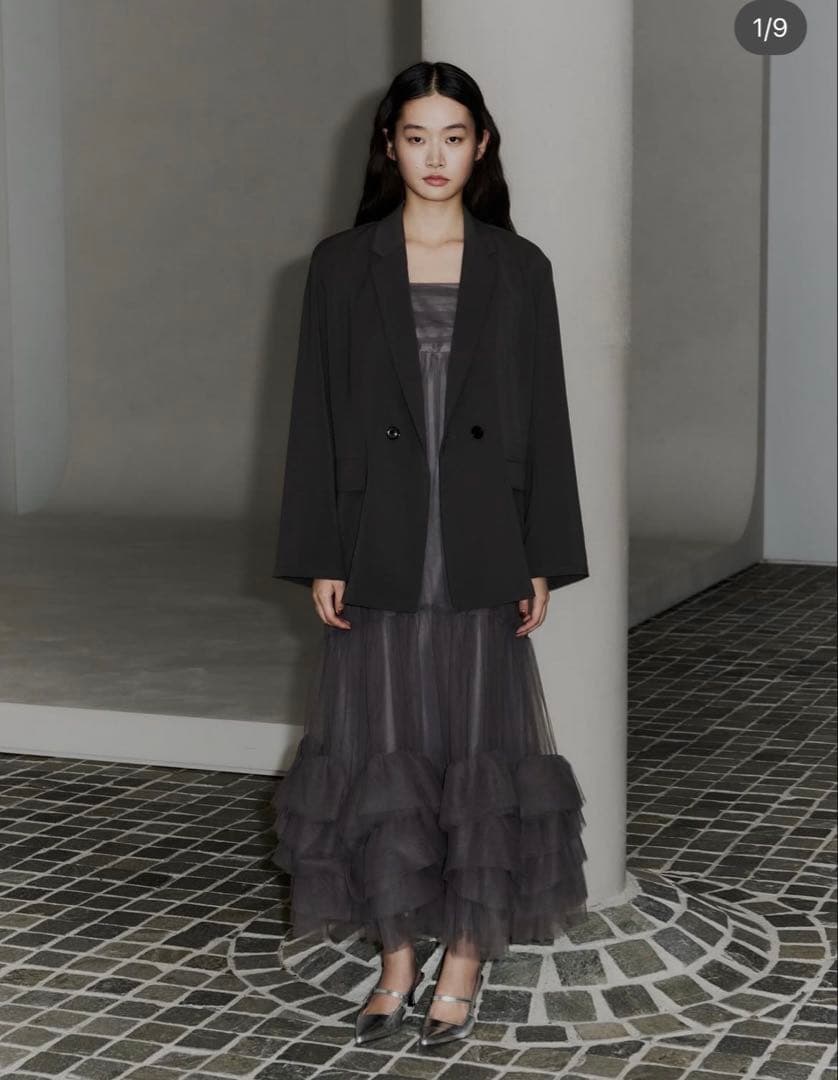 フリル付きチュールスカートワンピース