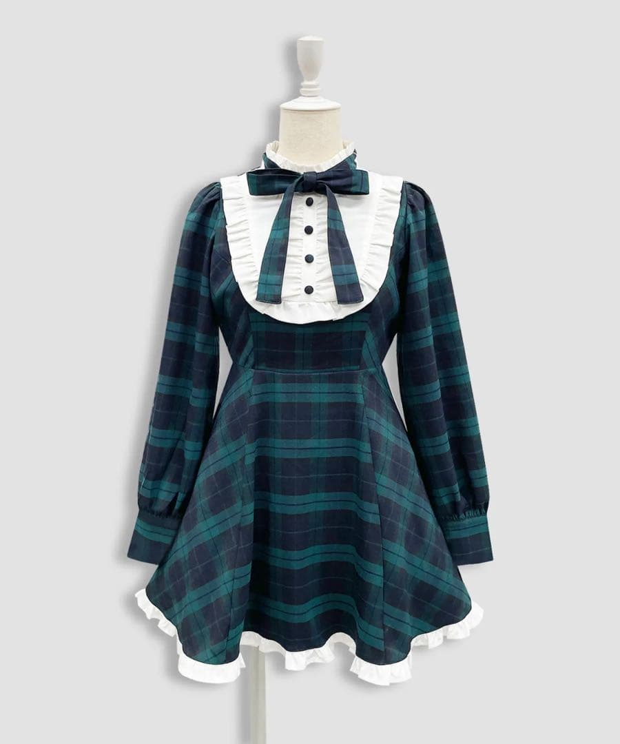 【最終セール】配色ヨークチェックワンピース　グリーン