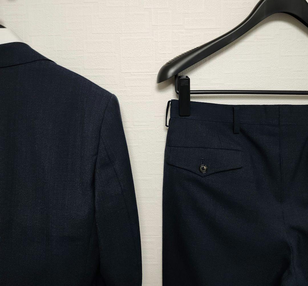 オリヒカ　メンズスーツ　スリーピース　セットアップ　濃紺ブルー　チェック　細身