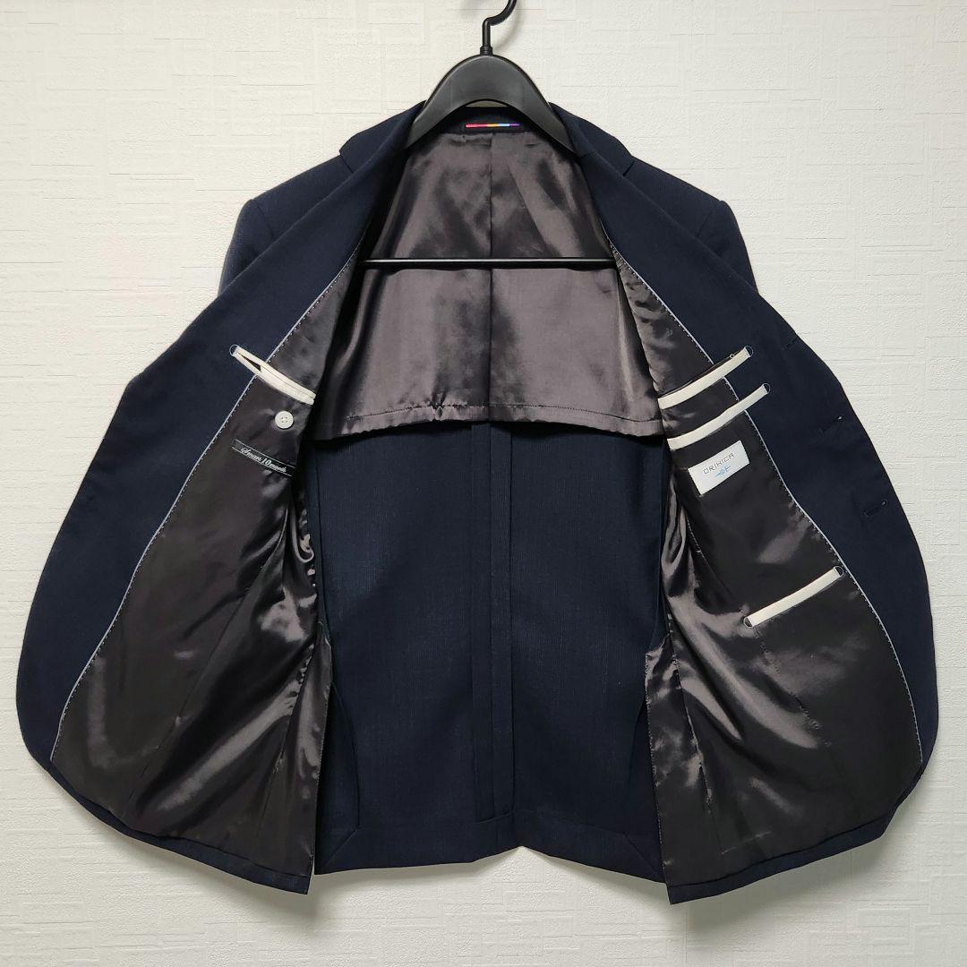 オリヒカ　メンズスーツ　スリーピース　セットアップ　濃紺ブルー　チェック　細身