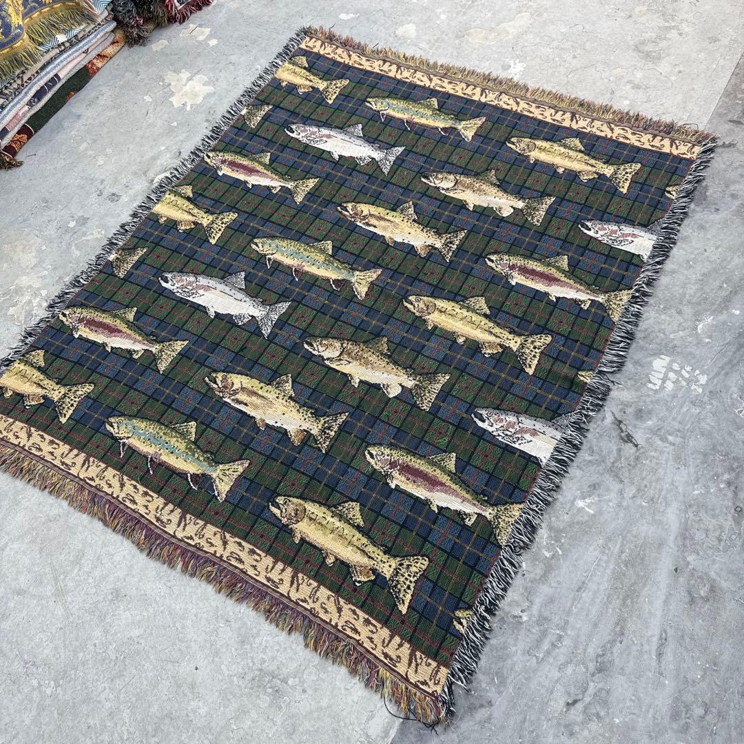 釣り　魚　マルチカバー　ソファーカバー　ヴィンテージラグ　158x128