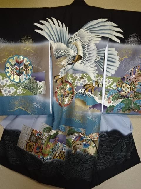 男児 お宮詣り　紋なし　産着一つ身着物　鷹