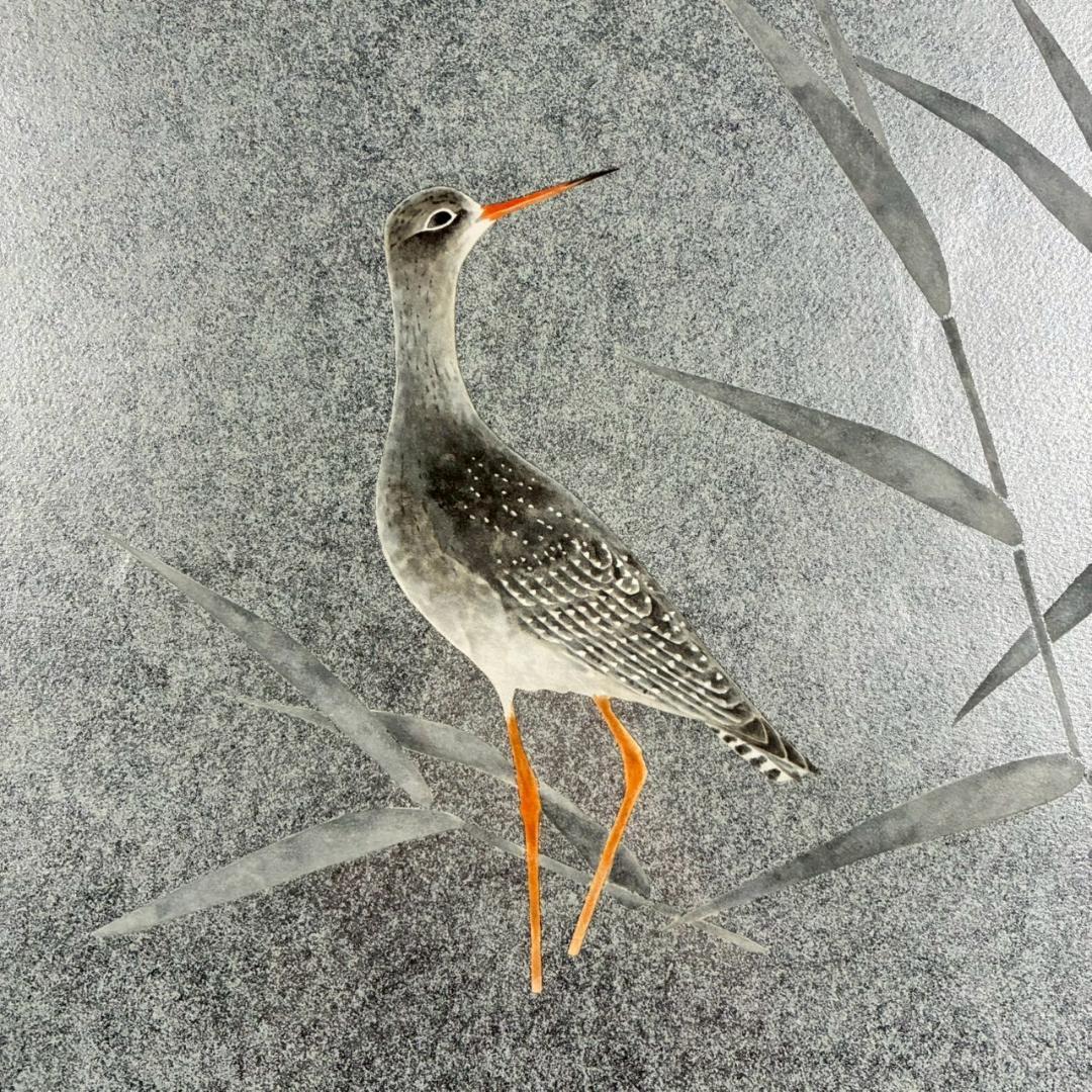 美品 上村淳之「鴫（銀）」リトグラフ 直筆サイン・印章有 額縁入 上村松園 花鳥