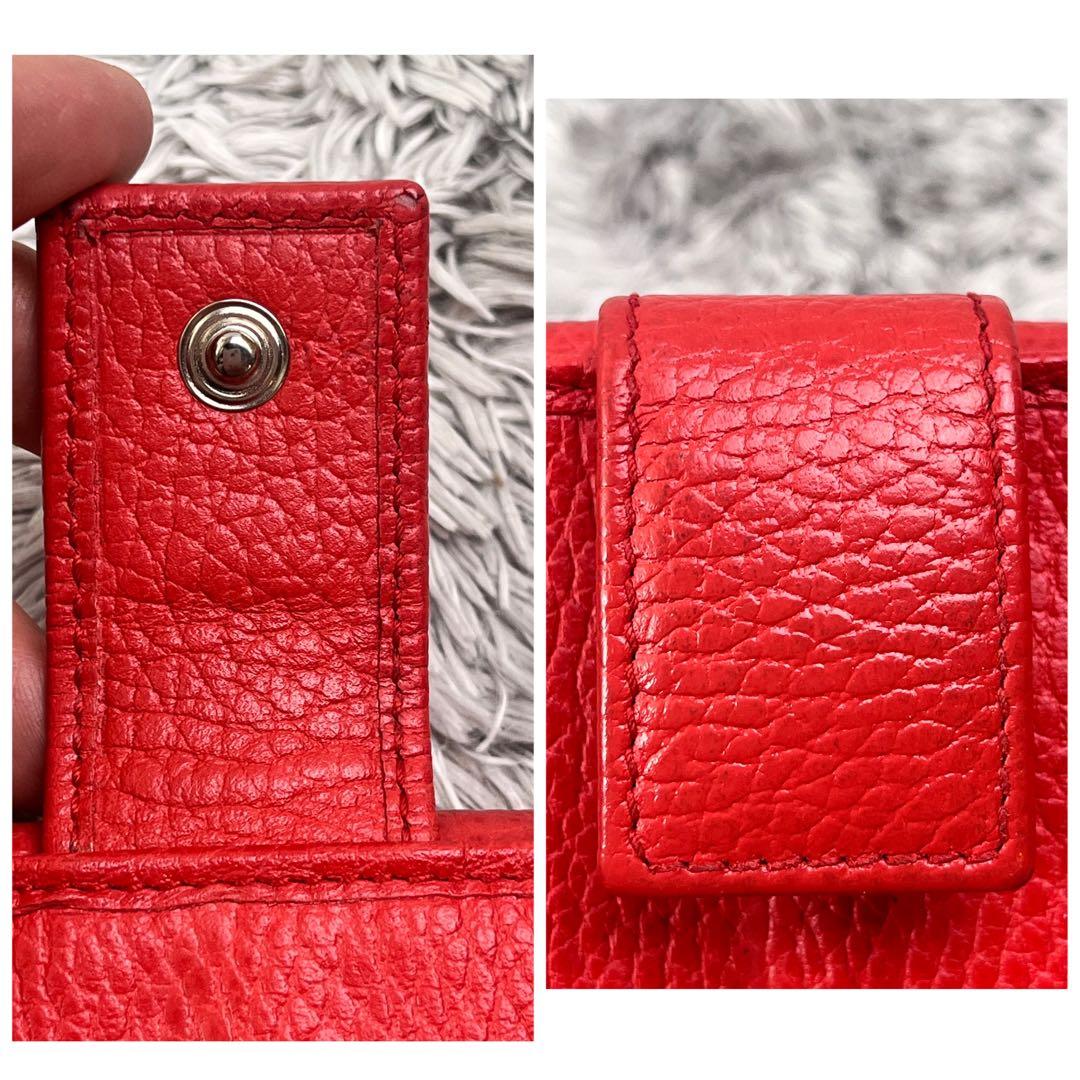 美品✨GUCCI ロゴプレート　シボレザー　長財布　　レッド　シルバー Wホック