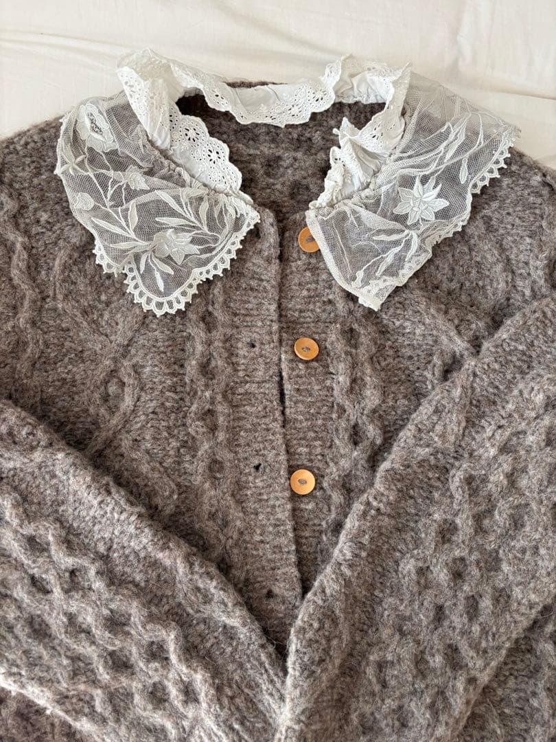 グレー ウール 手編み カーディガン フランスアンティークレース アルパカ