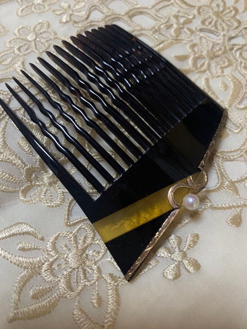 アコヤパール 本真珠 K18！ 本鼈甲 簪 櫛型 金 本真珠 慶事 婚礼