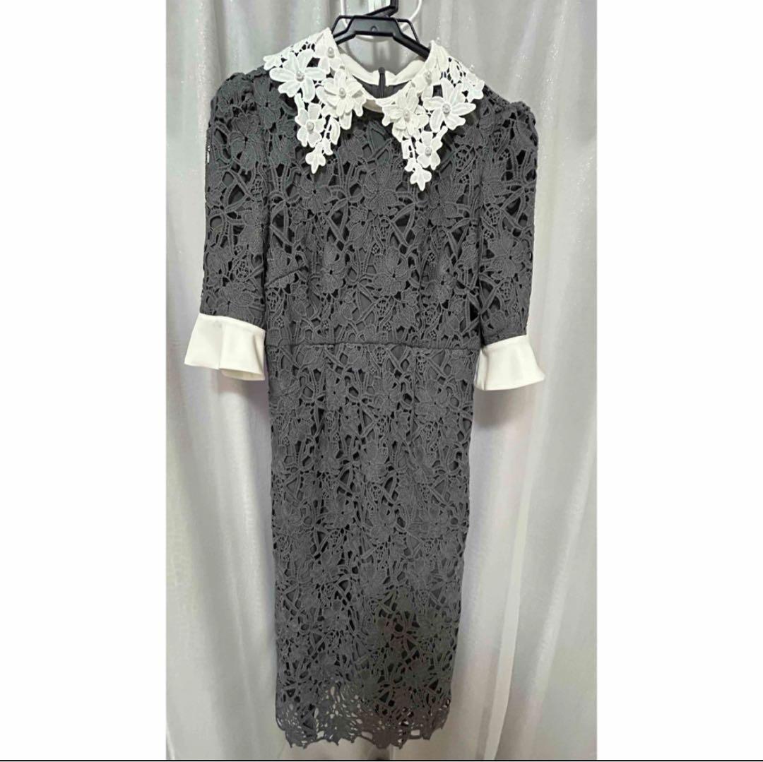 LEJA 花柄レースカラースパンコール刺繍Aラインフレアドレスワンピース