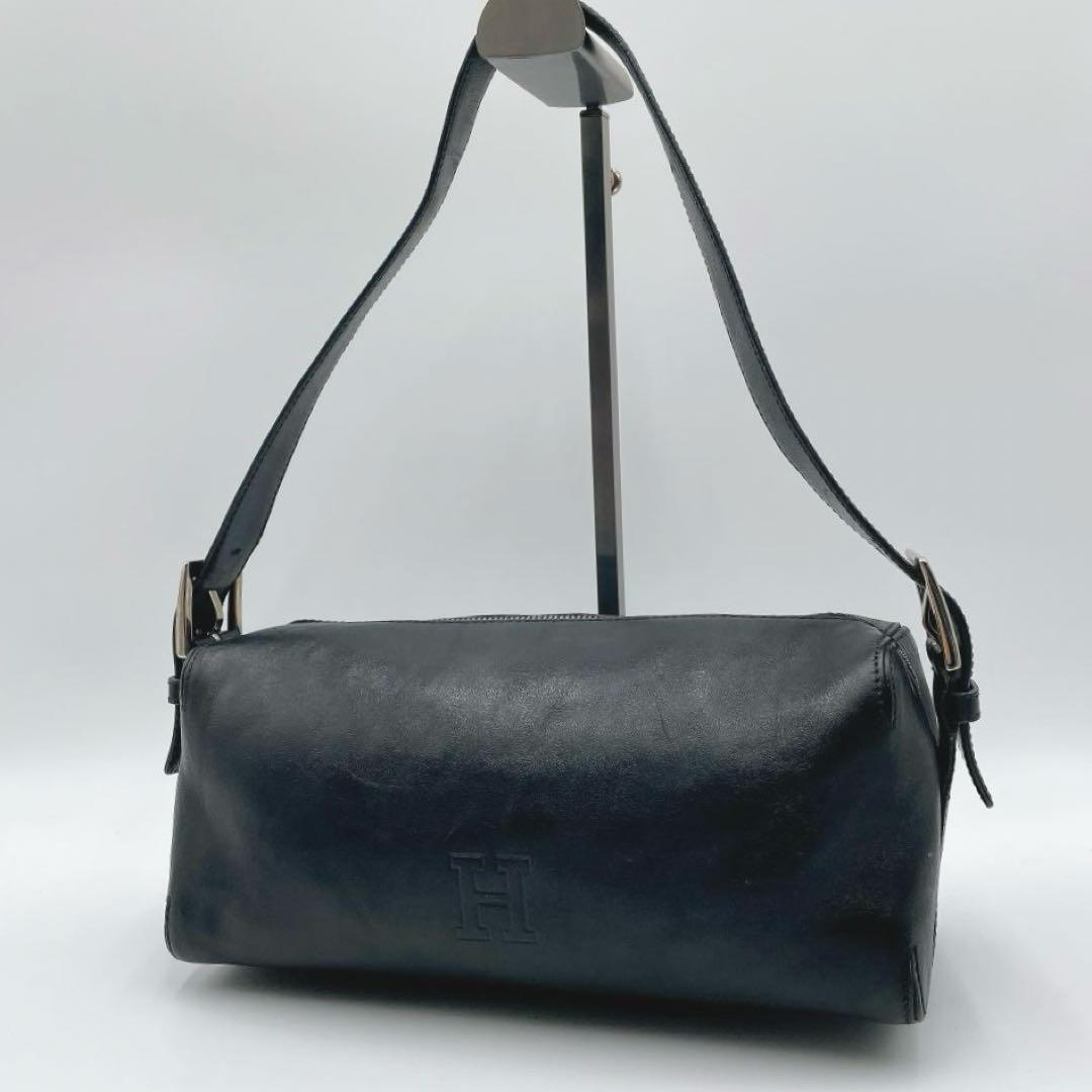 良品 HIROFU オールレザーワンショルダーバッグ 筒型 Hロゴ 黒f483