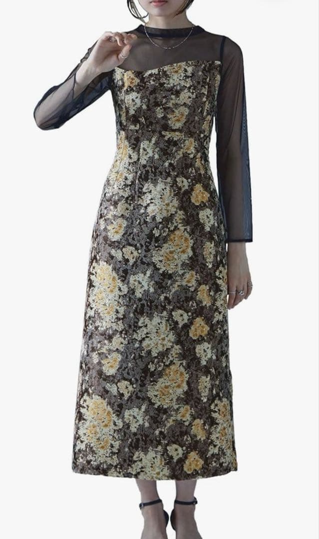 [etoll] ミアンダリングジャカードペンシルドレス　ブラウン