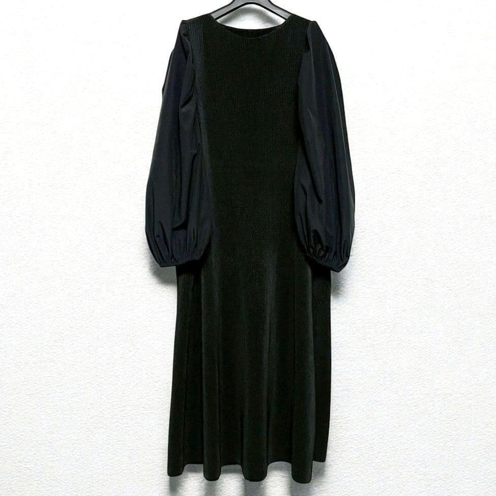 SPECCHIO　ストレッチタフタ切替 パフスリーブ ワンピース 黒