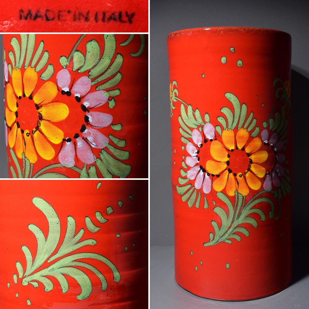イタリア製 マヨリカ焼き 傘立て レッド 花柄 アンティーク