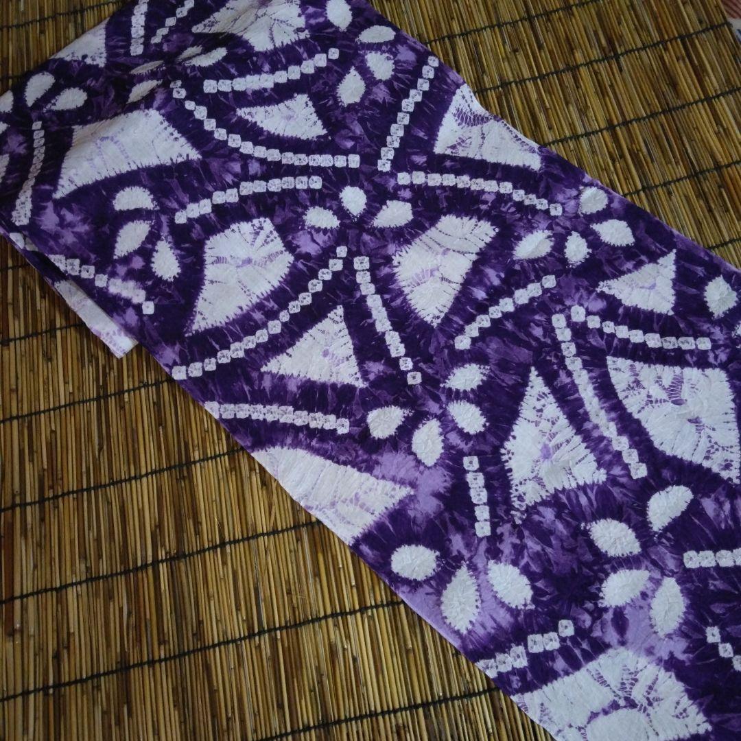 有松絞りの浴衣反物⭐紫色　花柄 幾何学模様