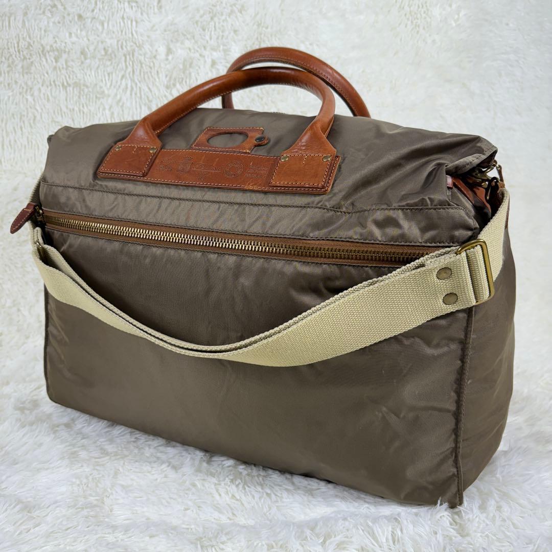 【美品】フェリージ P4 ボストンバッグ レザー ナイロン ショルダー付 カーキ