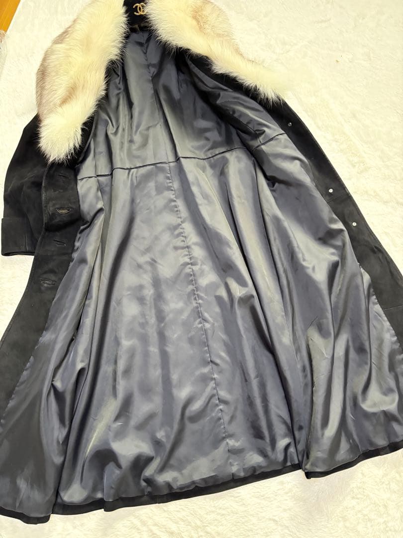 【極美品/11号】高級リアルフォックスファー×本革スエード ロングコート 黒