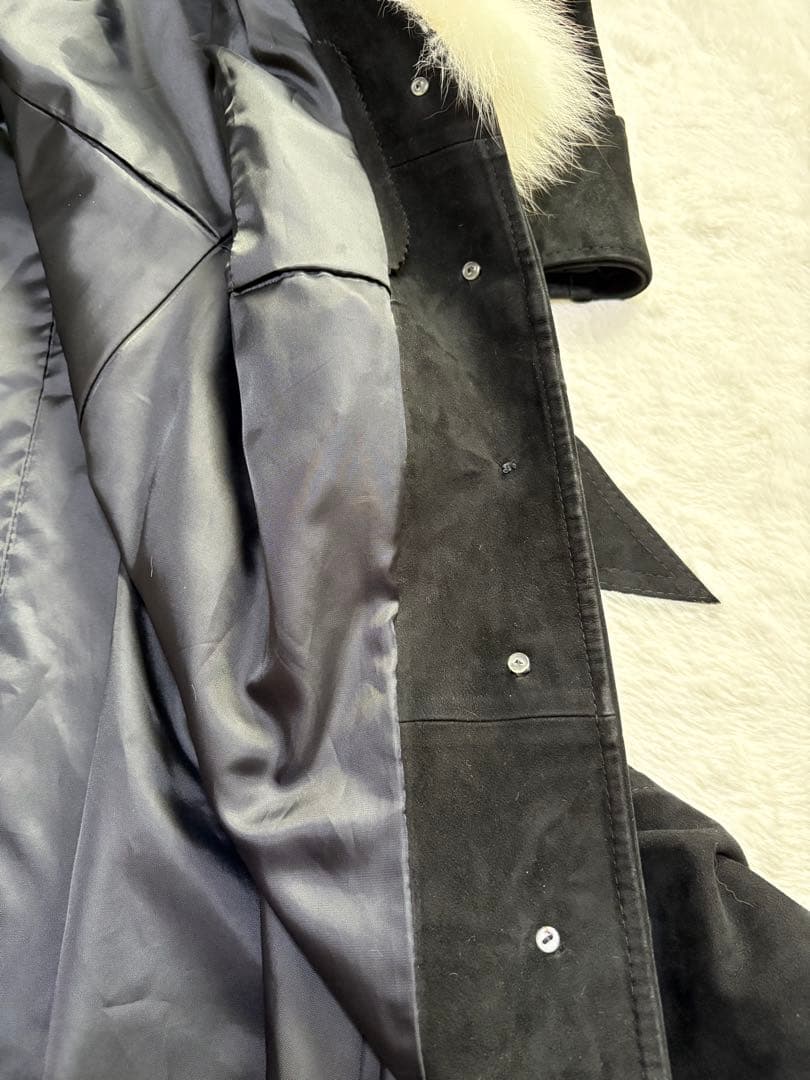 【極美品/11号】高級リアルフォックスファー×本革スエード ロングコート 黒