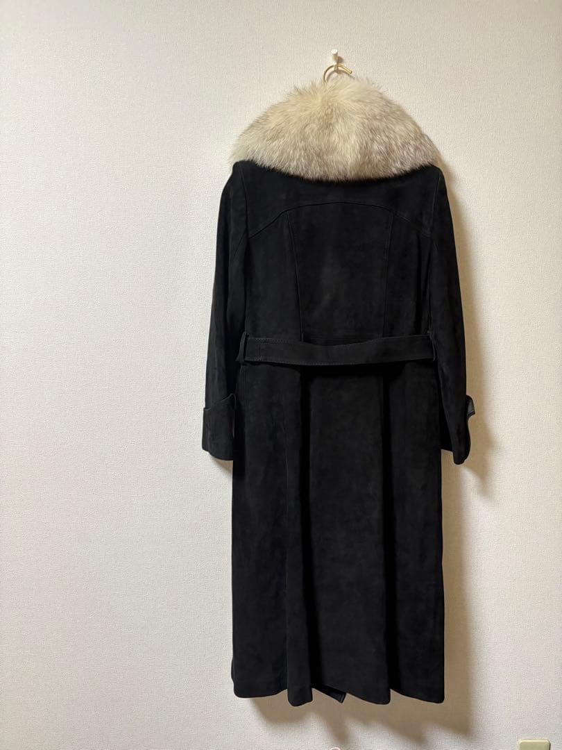 【極美品/11号】高級リアルフォックスファー×本革スエード ロングコート 黒