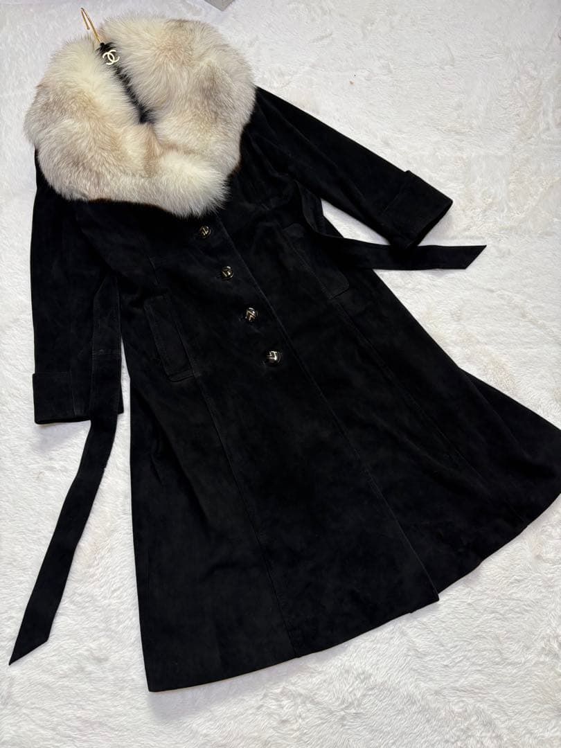 【極美品/11号】高級リアルフォックスファー×本革スエード ロングコート 黒
