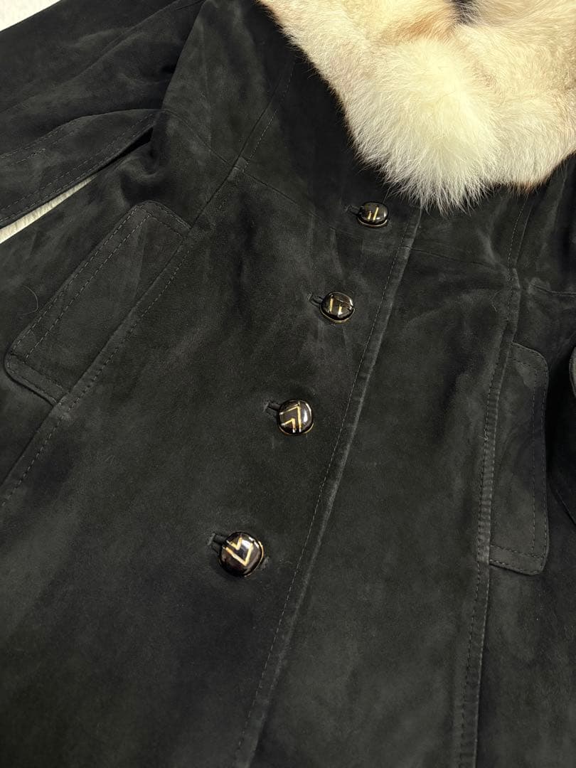 【極美品/11号】高級リアルフォックスファー×本革スエード ロングコート 黒