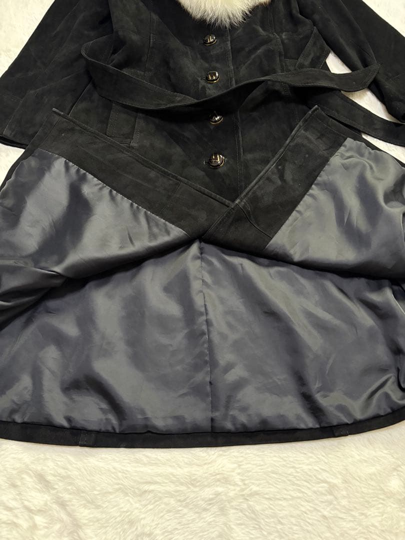 【極美品/11号】高級リアルフォックスファー×本革スエード ロングコート 黒