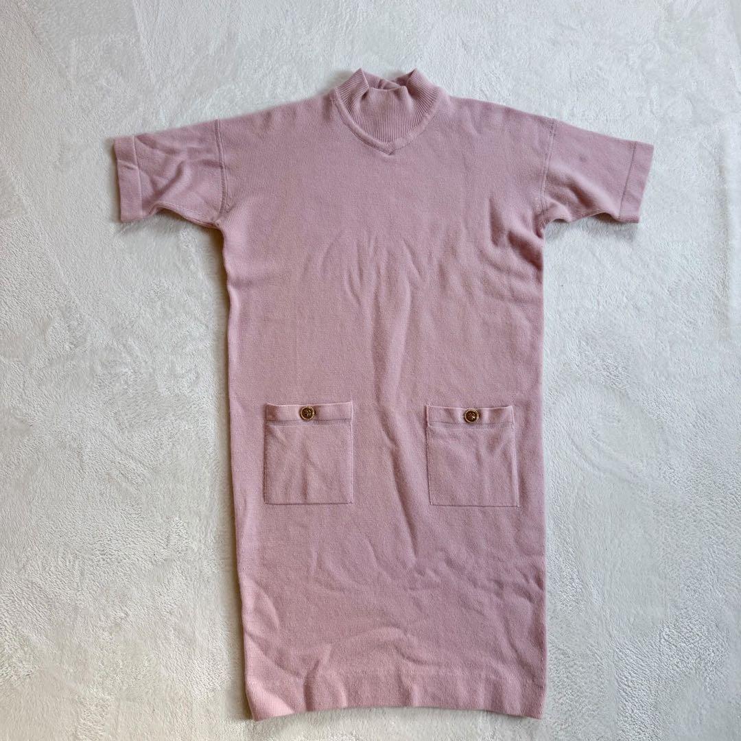 ピュアカシミヤ　金ボタン　CHANEL 半袖 ワンピース クローバー　ピンク