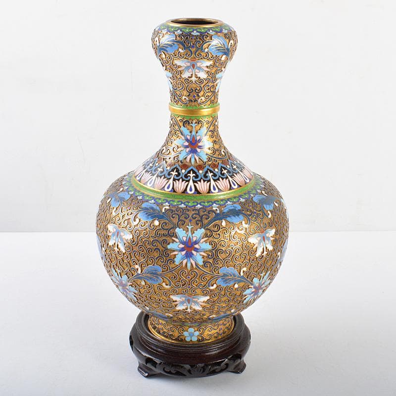 ZZ　中国　古七宝琺瑯彩　花文瓶　唐木台付　M　R5656