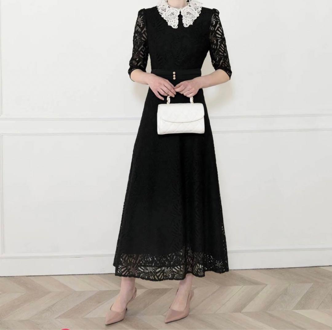 【セール】Leja レースビックカラー花柄刺繍ウエストマークロングドレス