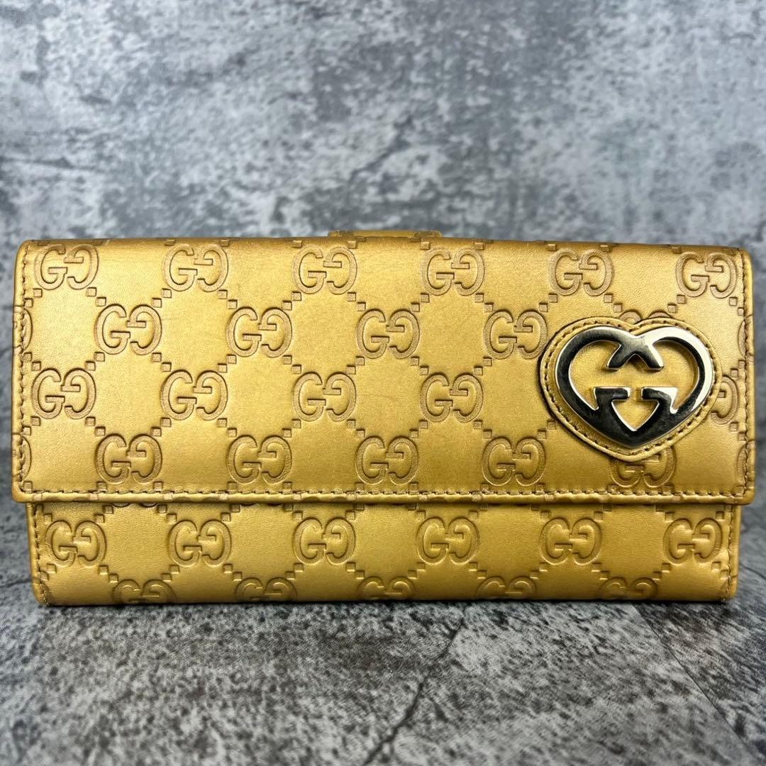 GUCCI ラブリーハート GG柄 レザー 長財布 ゴールド