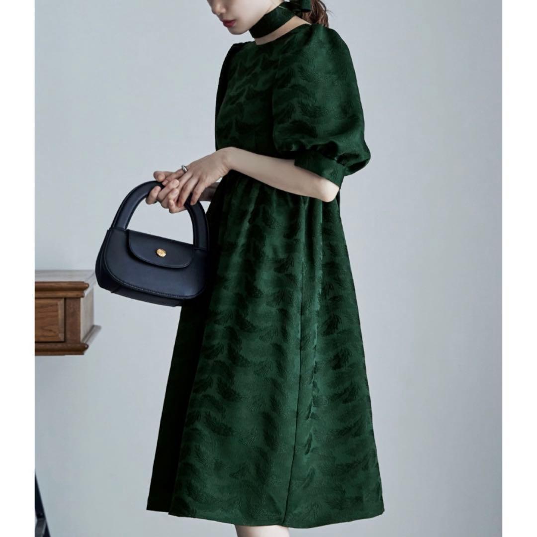 etoll. ジャガードパフスリーブドレス ワンピース リボン付属なし 結婚式