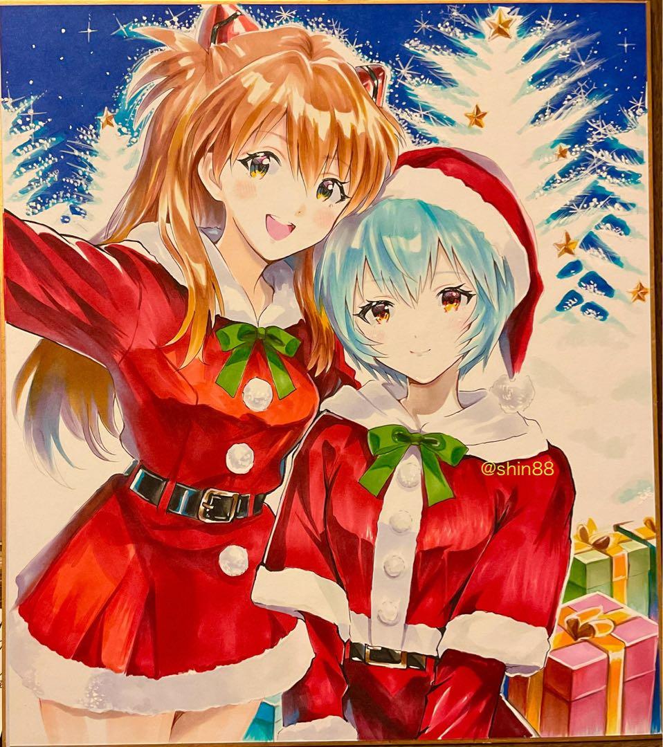 手描きアナログイラスト　新世紀エヴァンゲリオン　サンタコスプレのアスカと綾波レイ