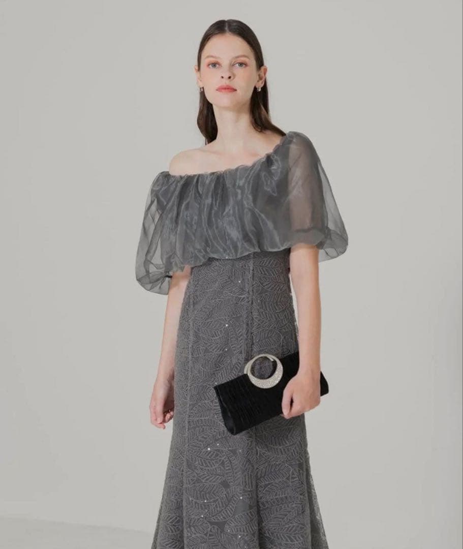 leja 2WAYオフショルダーパフスリーブマーメイドワンピースドレス グレーＳ