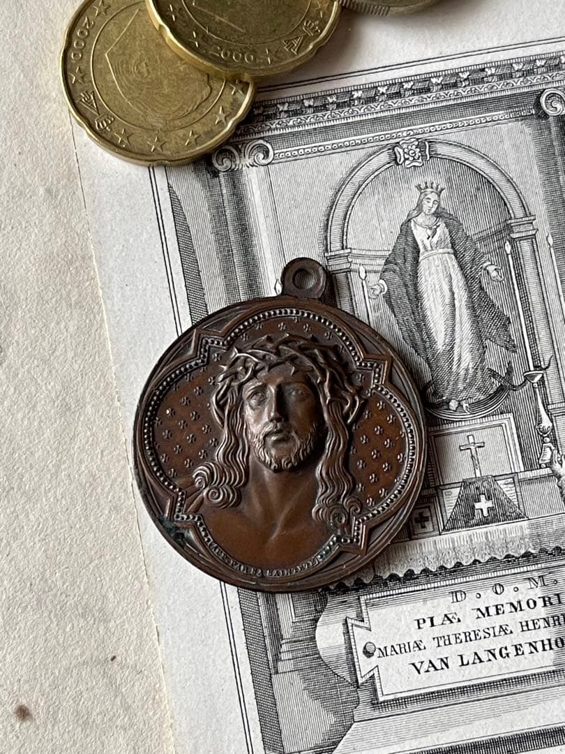 ブロンズアンティークメダイ　キリスト　荊の冠