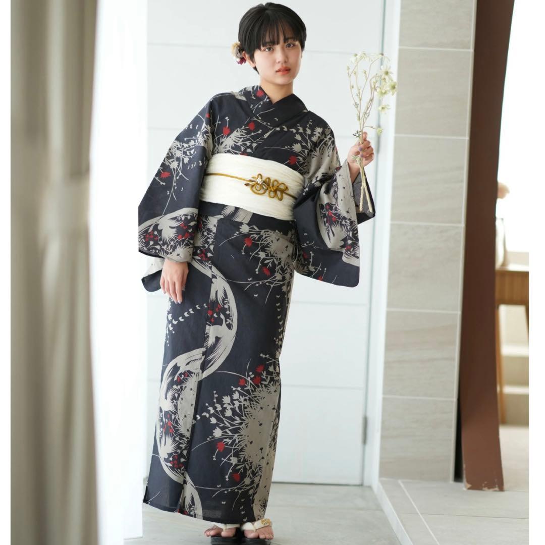 【ニコアンティーク 高級変わり織 浴衣3点セット モダンブラックに遊ぶ鳥の影絵】