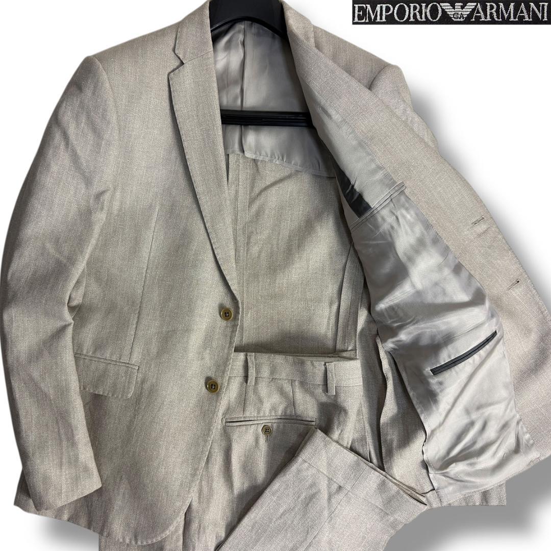 J3019美品 エンポリオアルマーニ 黒タグリネンソリッドスーツ モカグレー50