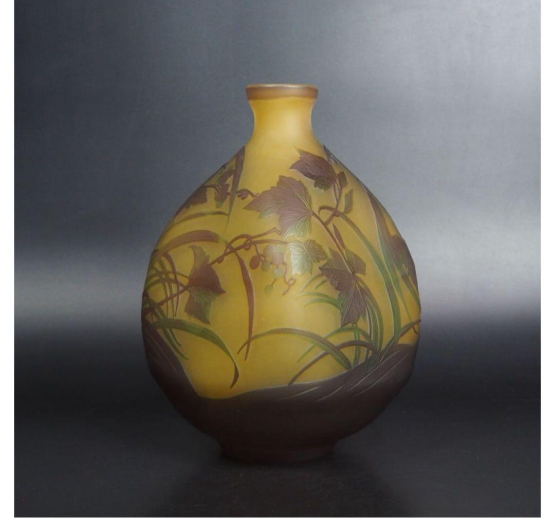 送料無料 時代物　被せガラス蔦葛文扁壺　花文花瓶　高さ23.5ｃｍ　共箱