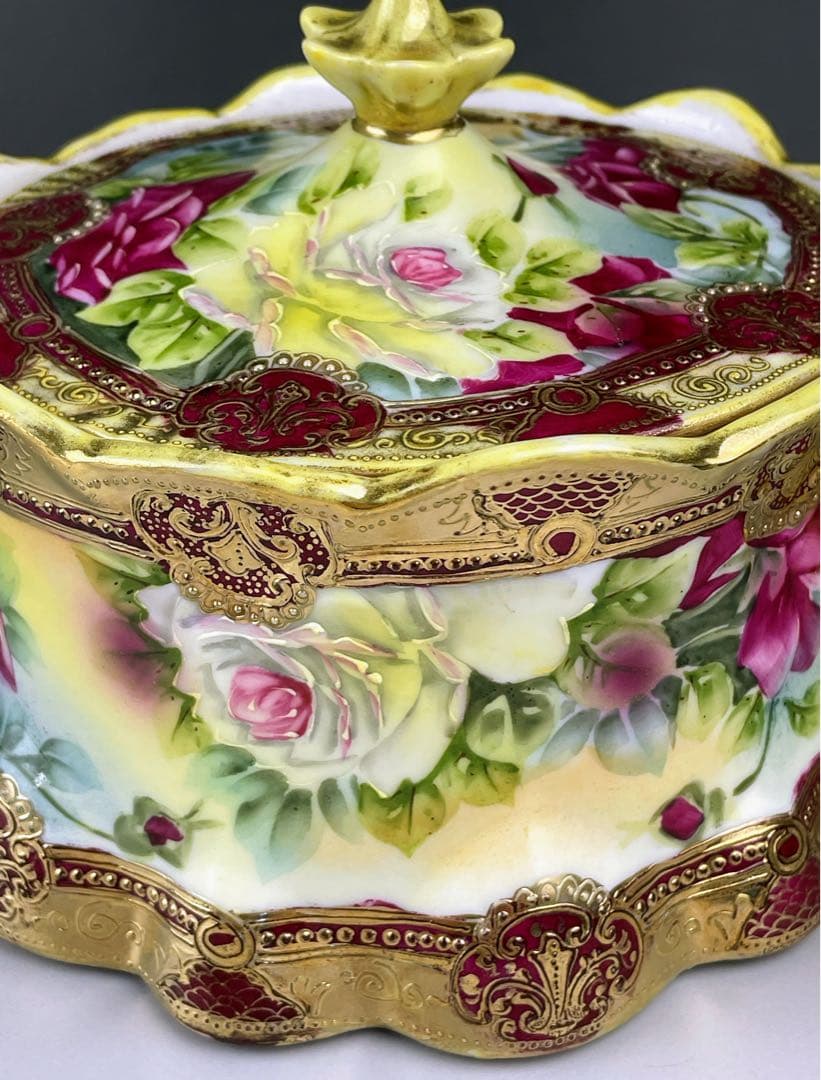 【希少】オールドノリタケ 約２３cm 薔薇紋 ビスケットジャー メープルリーフ