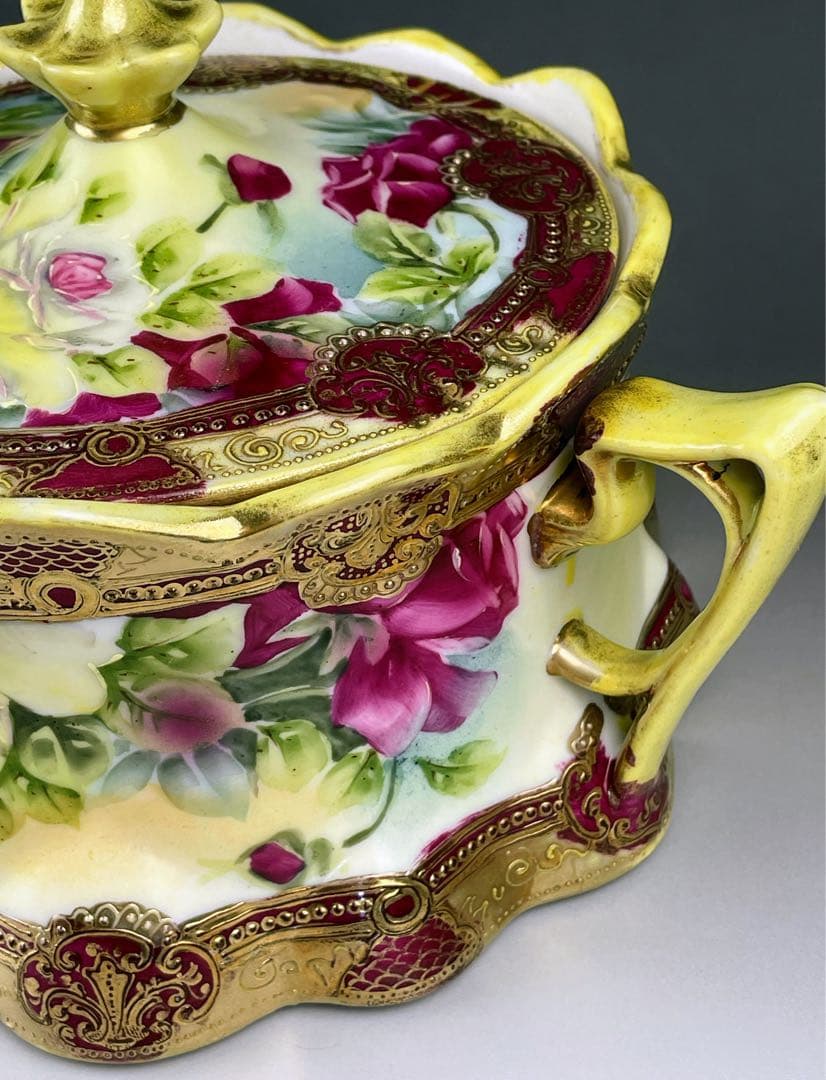 【希少】オールドノリタケ 約２３cm 薔薇紋 ビスケットジャー メープルリーフ