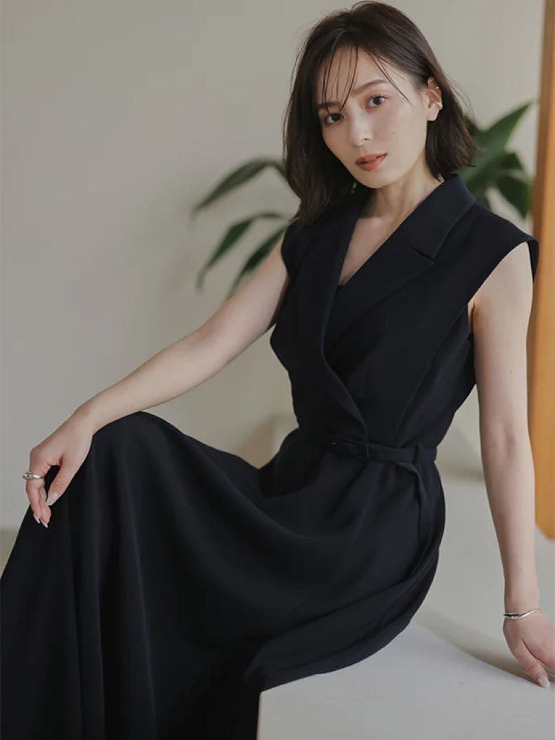 anuans ダブルサテンテーラードフレアワンピース ネイビー Sサイズ