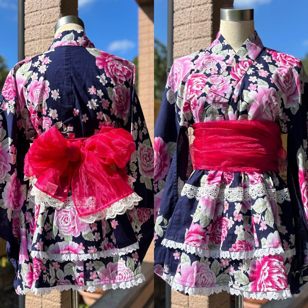 浴衣ドレス 2段スカート 紺地ネイビー青ピンク 地雷ギャル 姫ギャル 平成ギャル