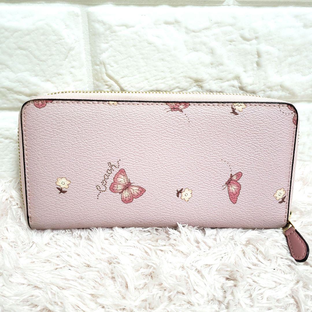 COACH コーチ 蝶々 バタフライ 花柄 ラウンドファスナー長財布 美品