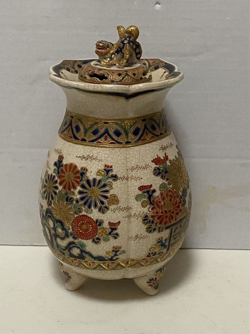 薩摩焼 丸十字薩摩 明治期 香爐 金彩花草文 金襴手