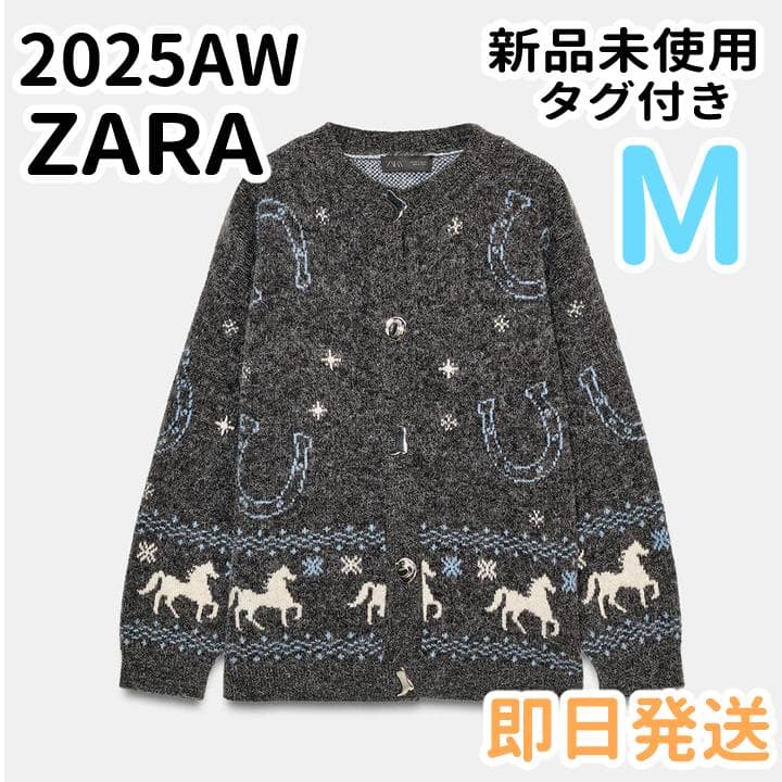 新品 ZARA ジャカードニットボタンカーディガン M