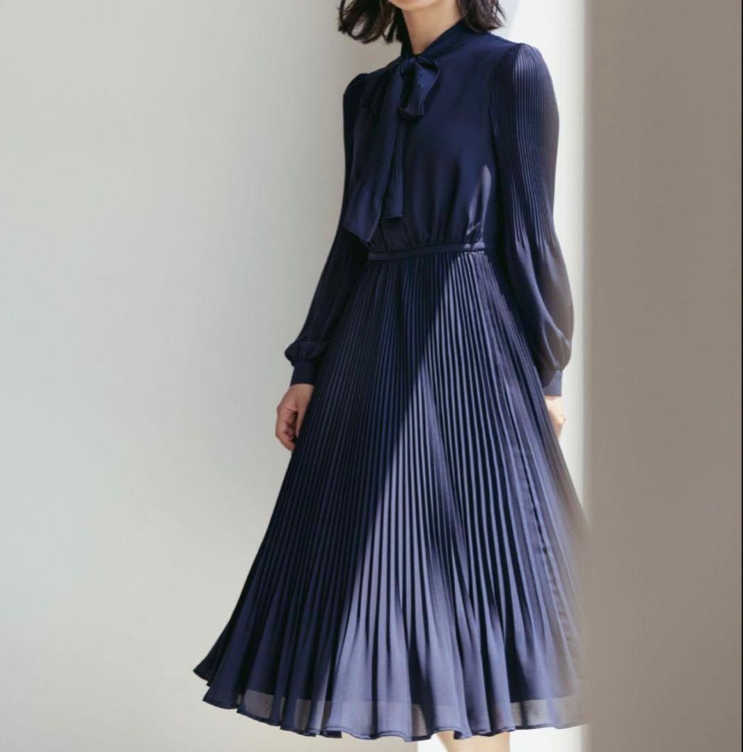 CELFORD ボウタイプリーツワンピース　紺　ネイビー　36 Sサイズ