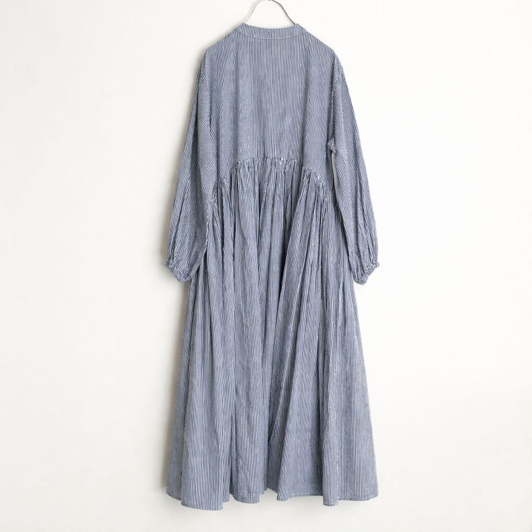 定価2.2万 ビアズリー 先染めギャザーワンピース ストライプ ネイビー 定番