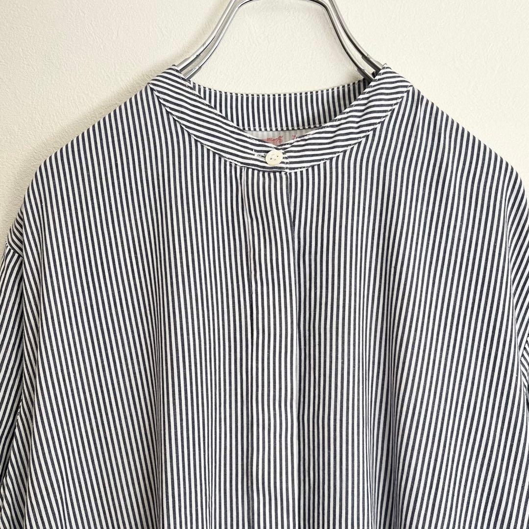 定価2.2万 ビアズリー 先染めギャザーワンピース ストライプ ネイビー 定番