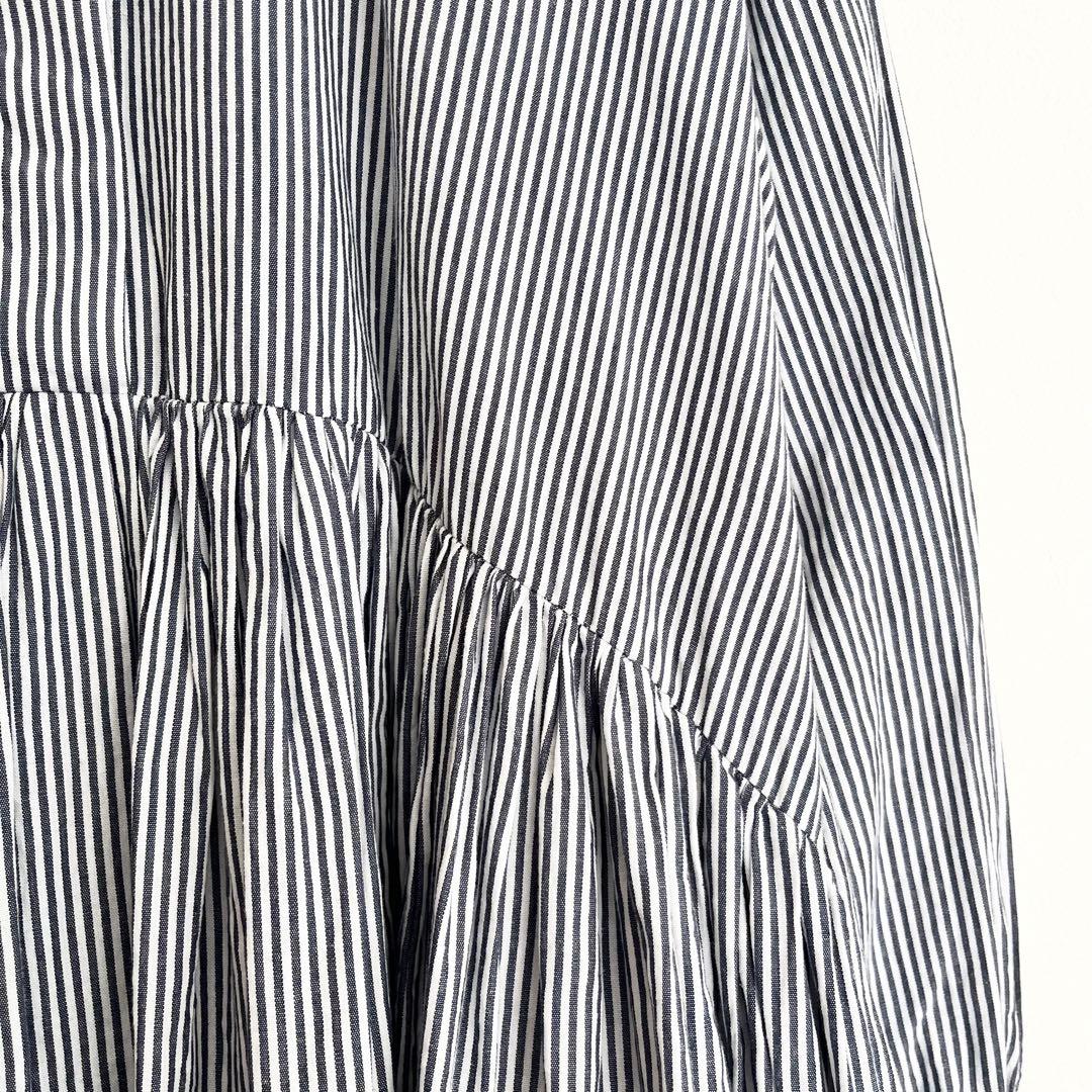 定価2.2万 ビアズリー 先染めギャザーワンピース ストライプ ネイビー 定番